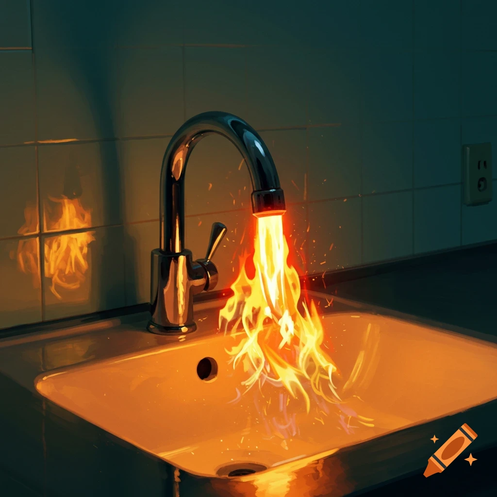 A kitchen sink faucet spews fire instead of water.