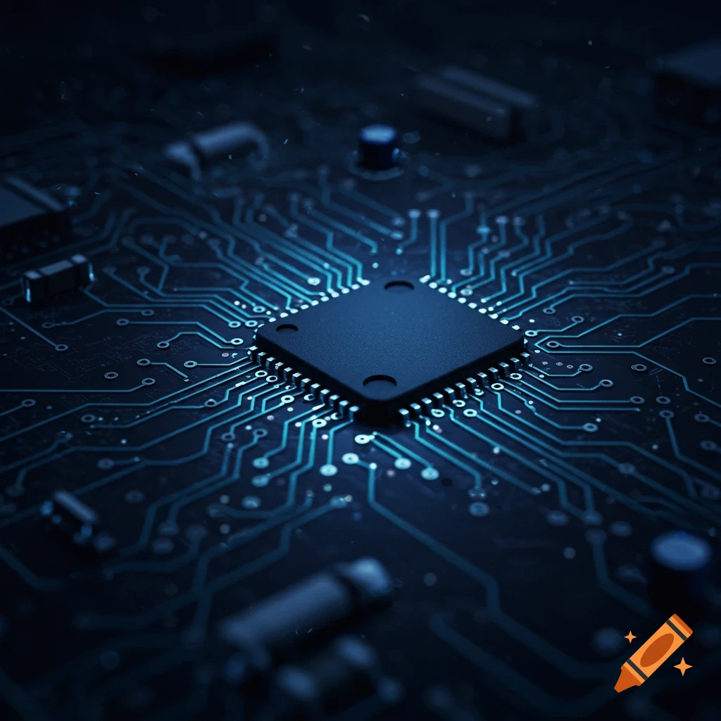 A dark circuit board with glowing blue lines and a central chip.