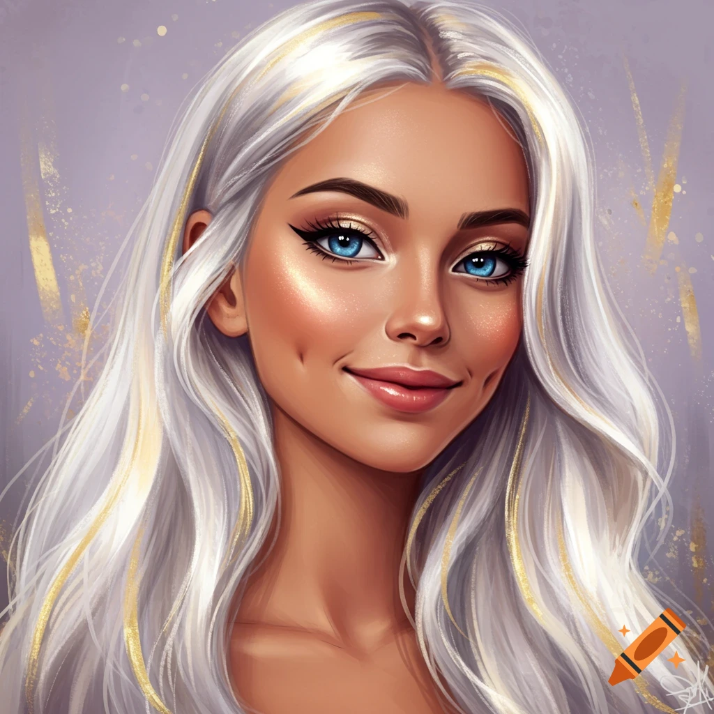 A woman with long white and gold hair, blue eyes, and dimples.