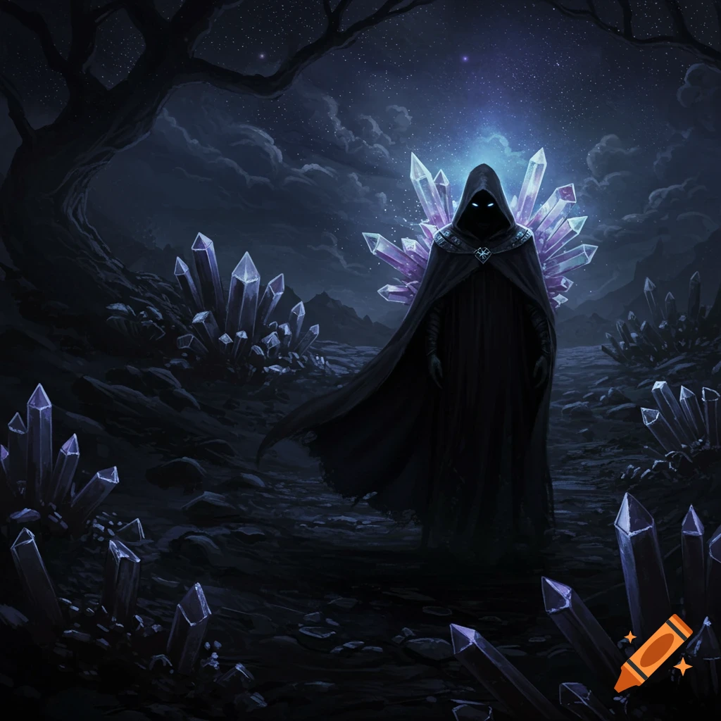 A dark hooded figure stands among glowing purple crystals under a starry sky.