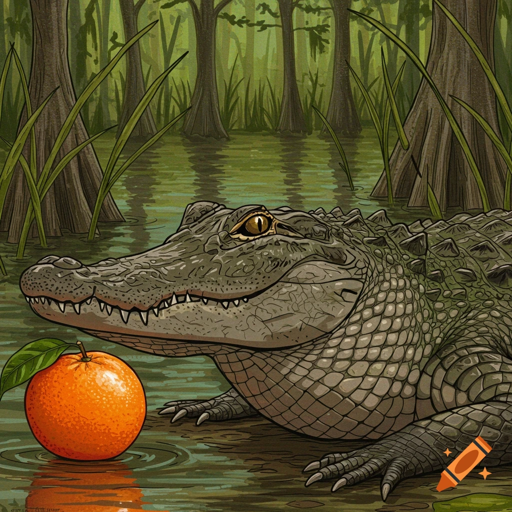 An alligator next to an orange in a swamp.