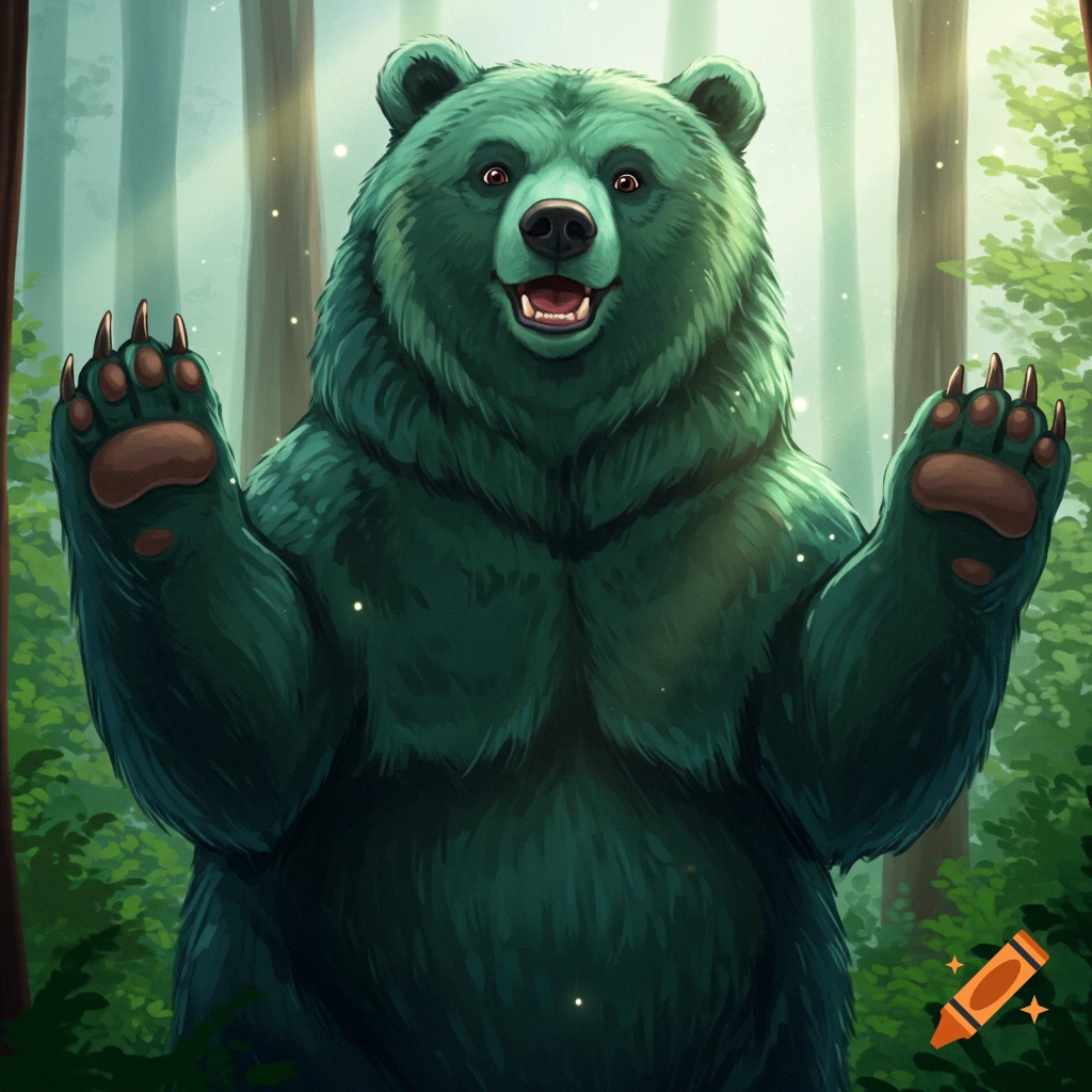 A giant friendly grizzly bear with deep sea green fur stands in a forest, raising its paws and smiling.