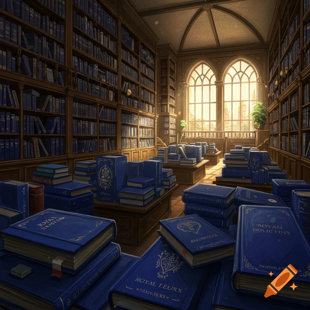 A grand library filled with rows and stacks of royal blue books bathed in sunlight from large windows.
