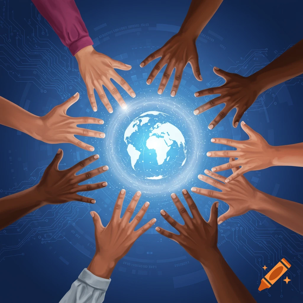 Hands of diverse skin tones reach towards a glowing globe with digital circuit patterns.
