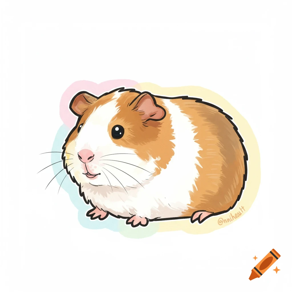 A digital illustration of a brown and white guinea pig against a colorful background.