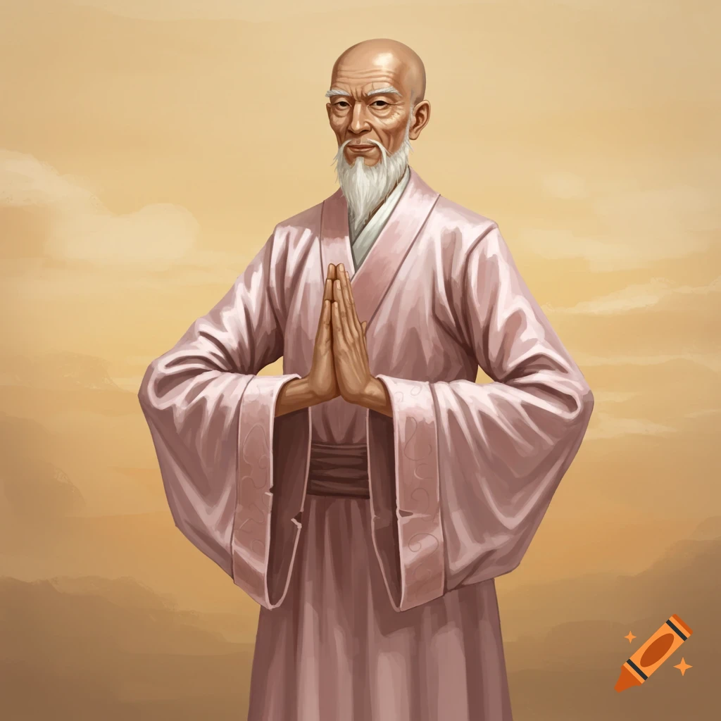 An old man with a white beard and pink robe holds his hands together against a cloudy sky.