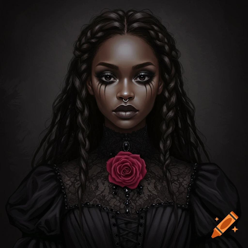A woman is wearing dark goth fashion and makeup.