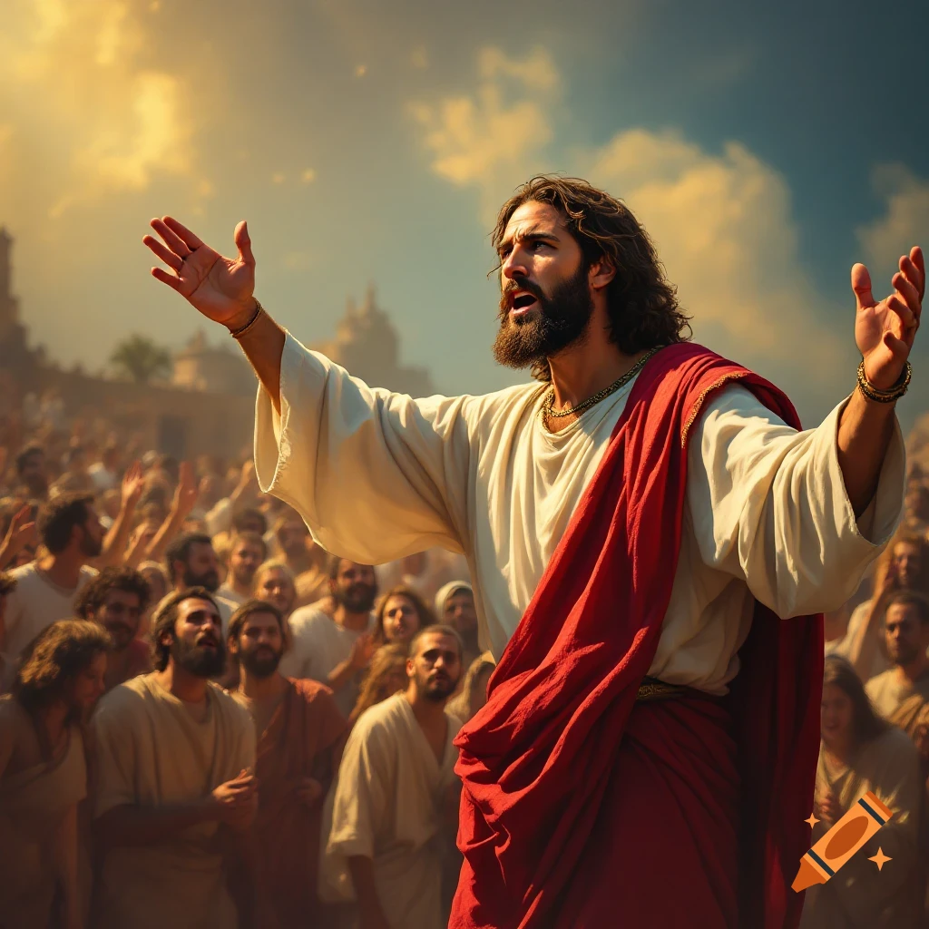 Jesus preaching to a crowd under a dramatic sky.