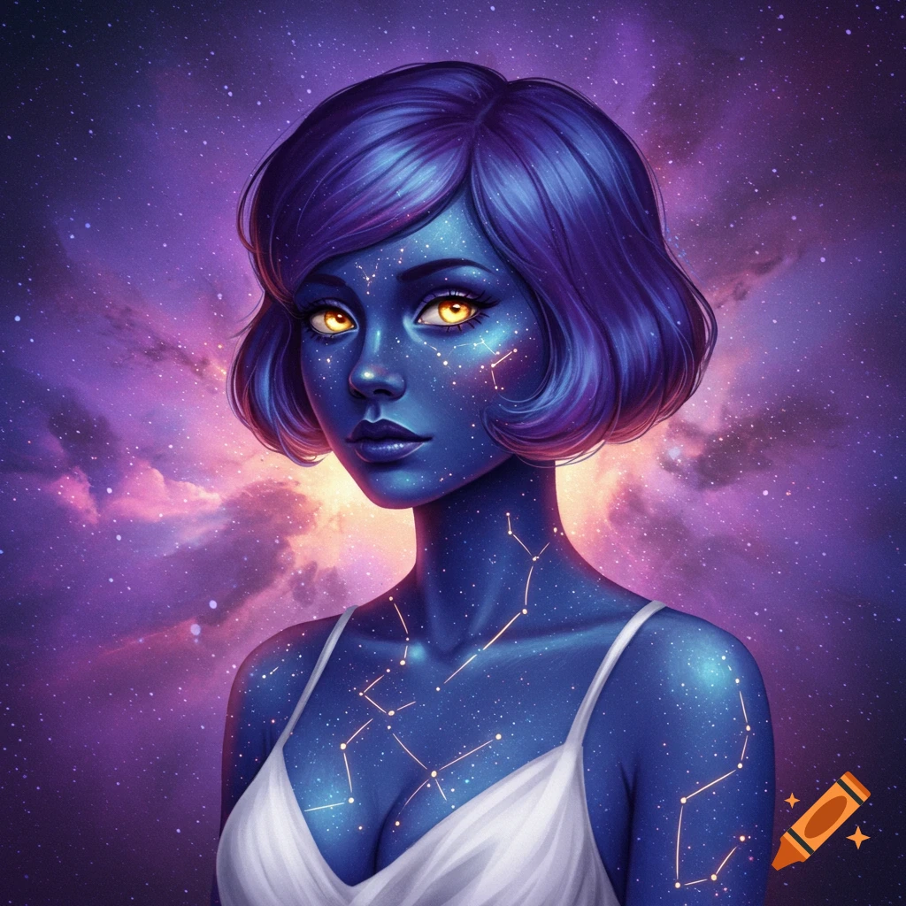A woman with starry blue skin and bright eyes in front of a galaxy background.