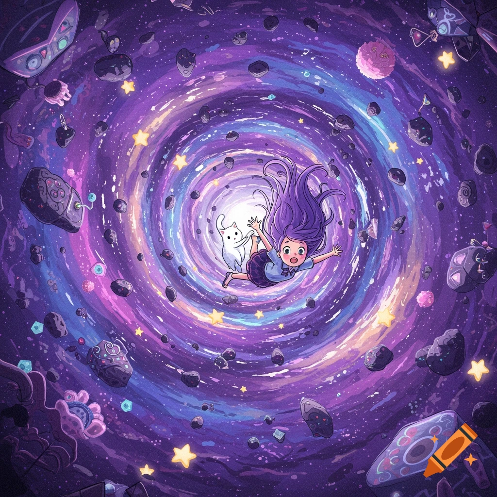 Girl and white cat fall into a swirling purple space vortex filled with stars and rocks, in a vibrant anime style illustration.
