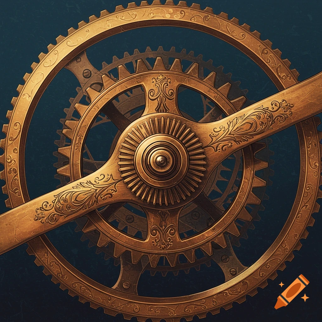 Close-up of intricate brass gears and a propeller-like object with engraved patterns against a dark background.