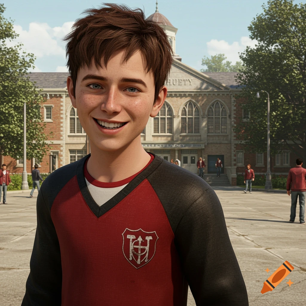 Portrait of a young animated boy with freckles smiling in a school courtyard.