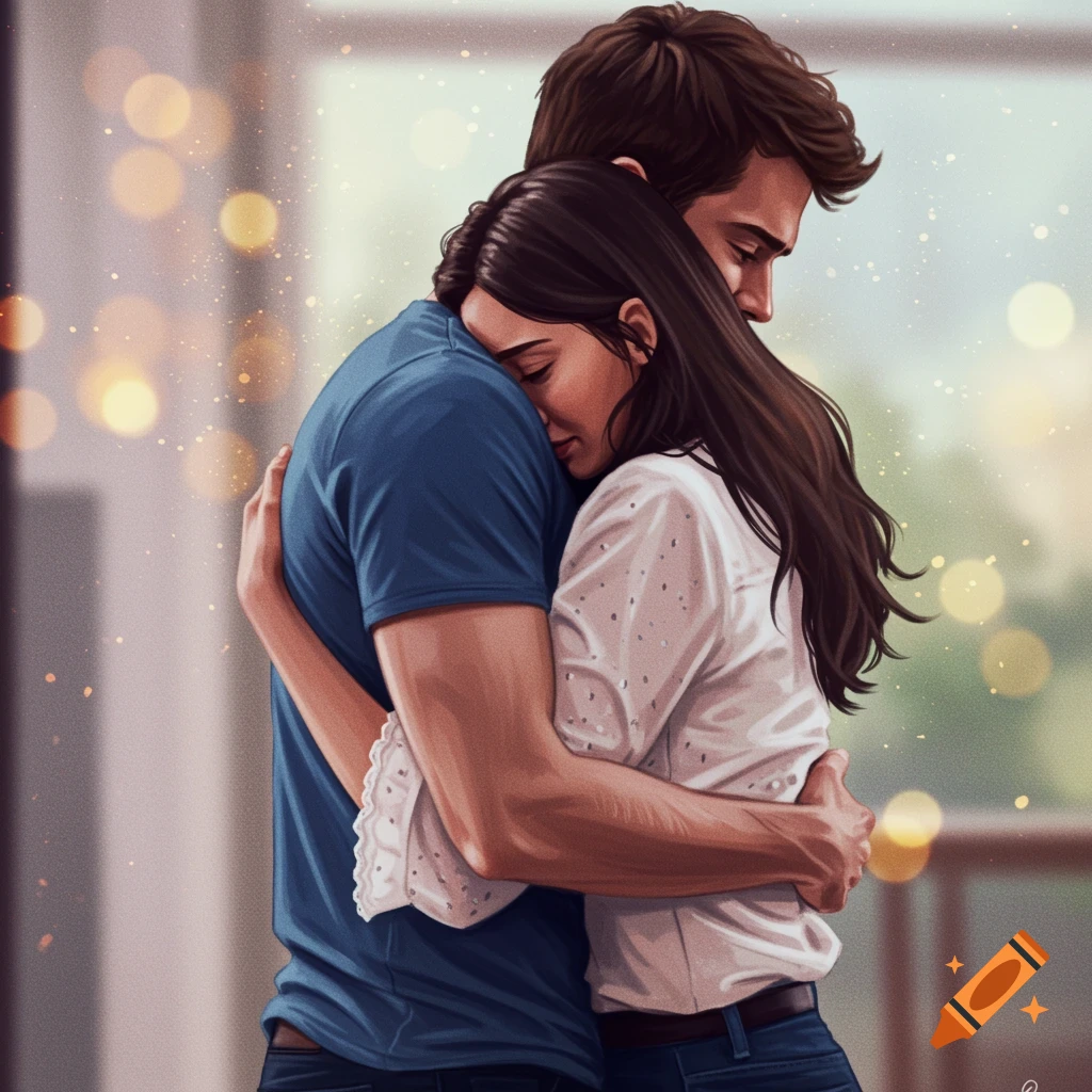 A couple embracing tenderly with soft lighting and bokeh background.