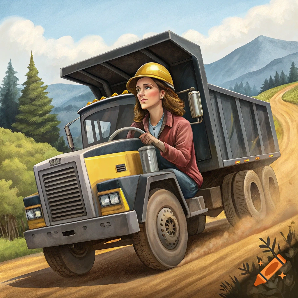 Woman driving a dump truck on a dirt road with mountains and trees in a painterly style.