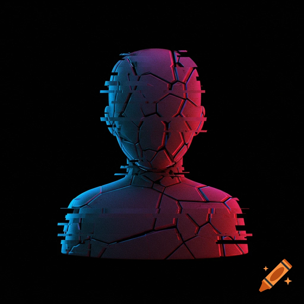 Abstract digital art of a glitchy, broken figure bust in blue and red light on black.