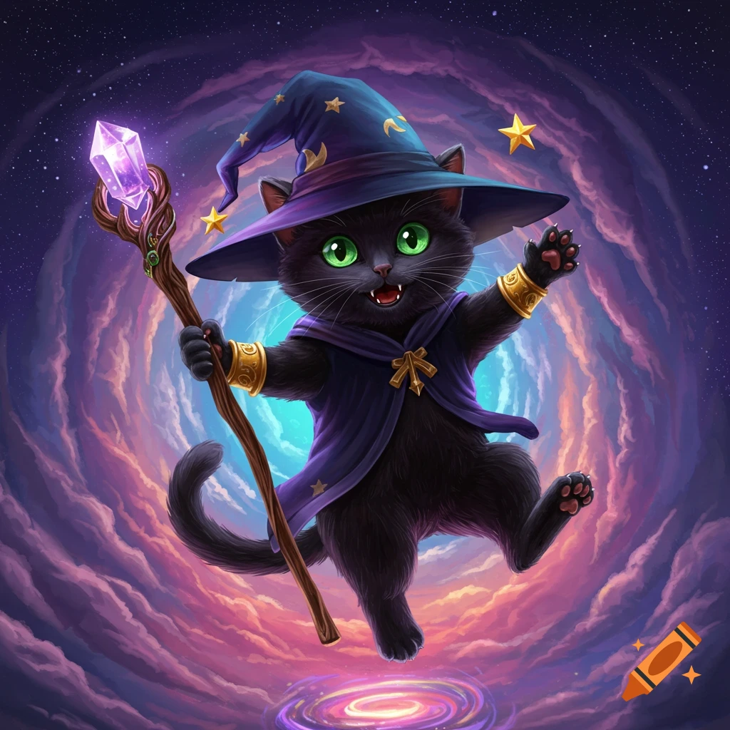 A cute black cat wearing a wizard hat and cape, holding a staff, floats in space.