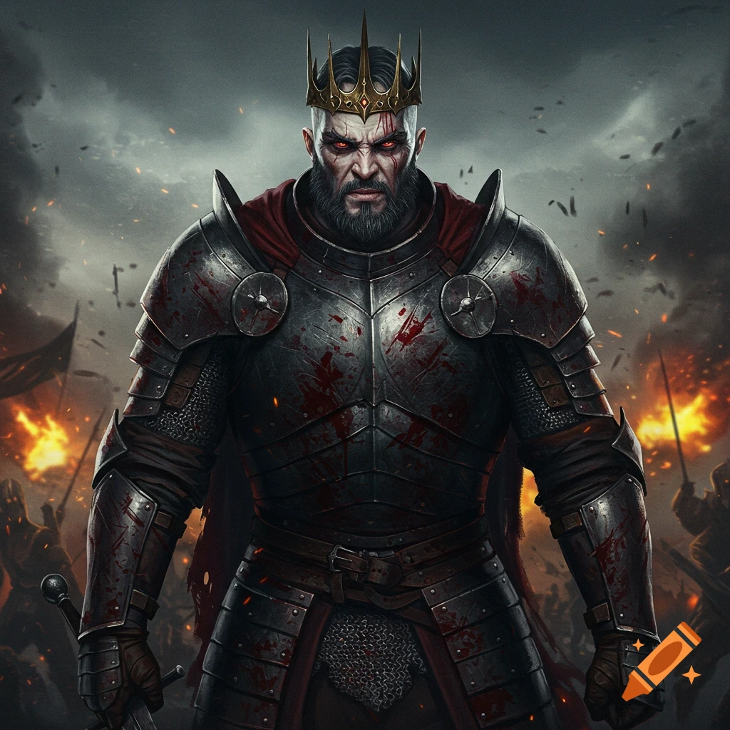 A blood-splattered king in armor and crown stands on a battlefield