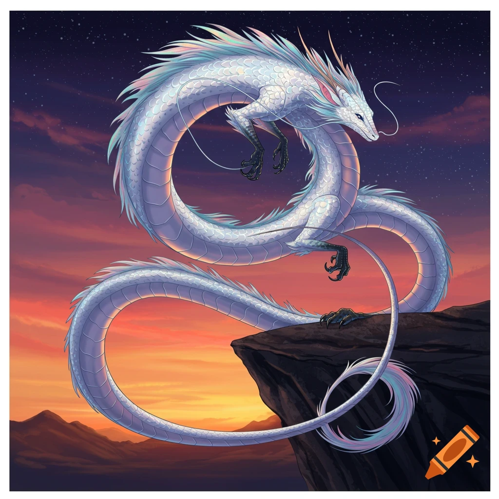 A white dragon coils on a rocky cliff edge overlooking mountains and a colorful sunset sky.