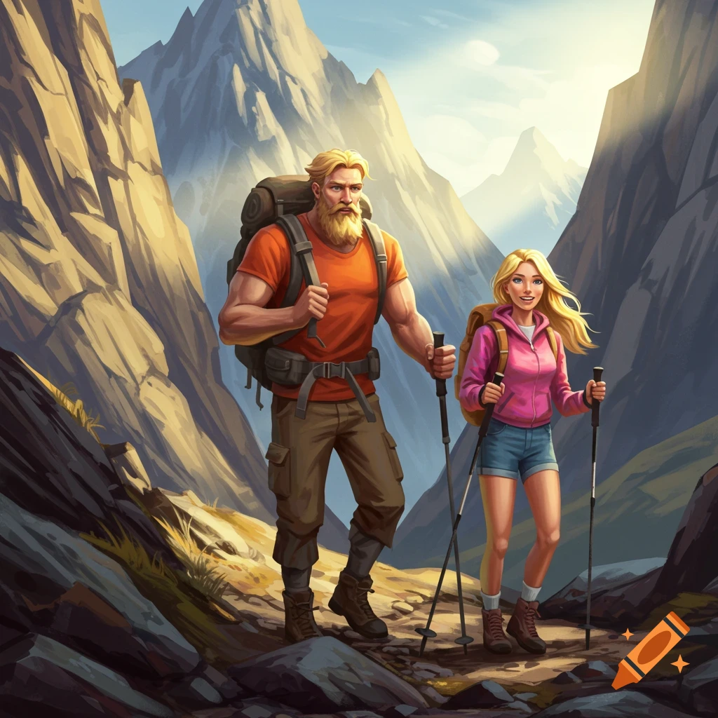 A man and woman hiking with poles in a bright mountain landscape.