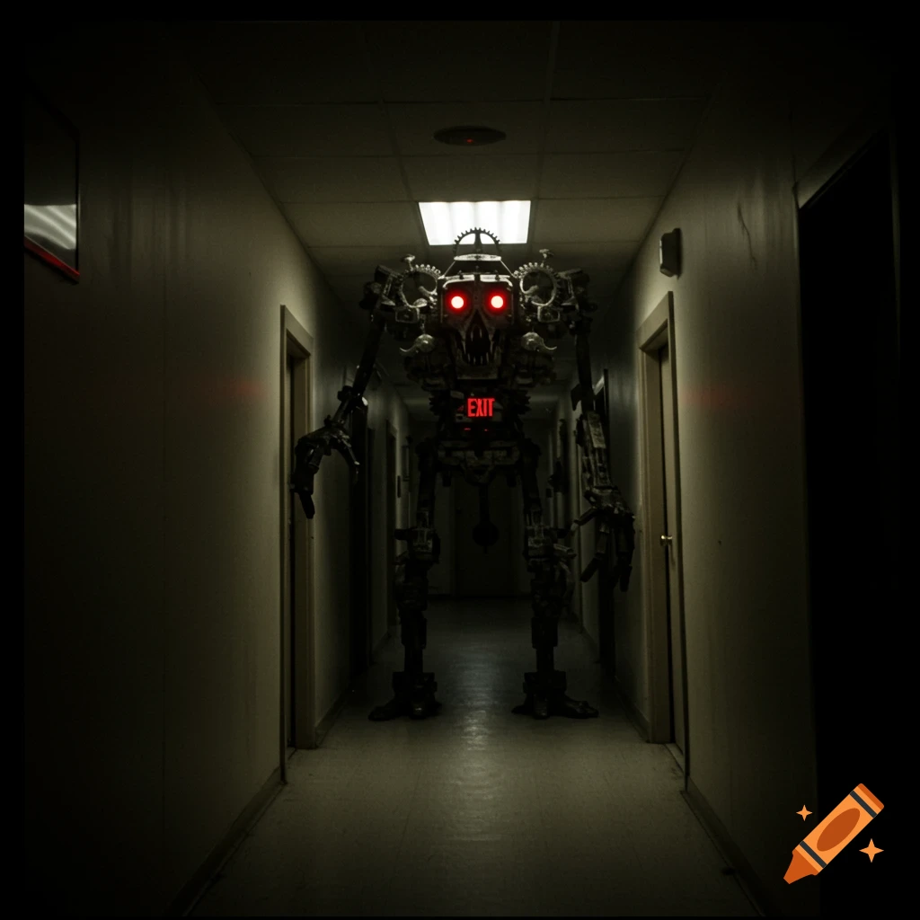 Photorealistic image of a creepy robot with red eyes and an EXIT sign on its chest standing in a dark hallway.