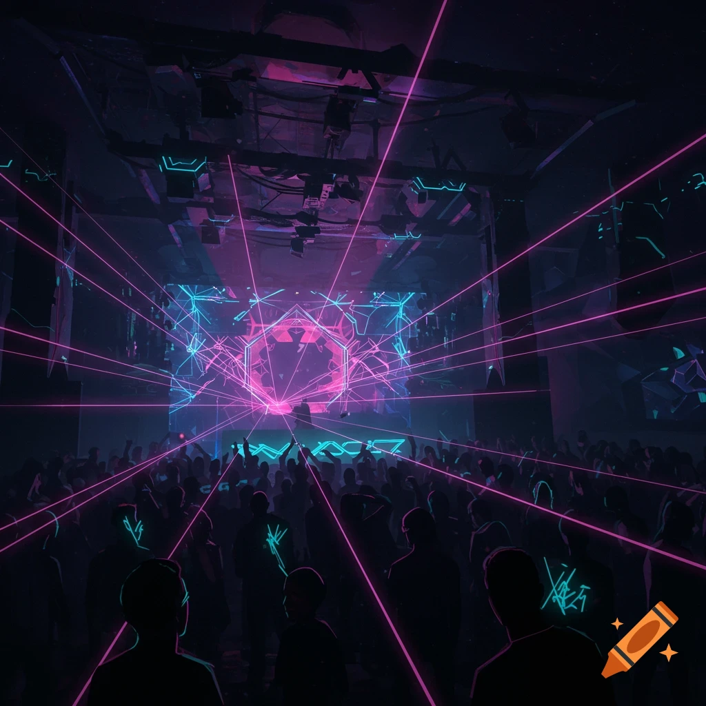 A dark techno club scene with a crowd, pink laser beams, and a geometric light display