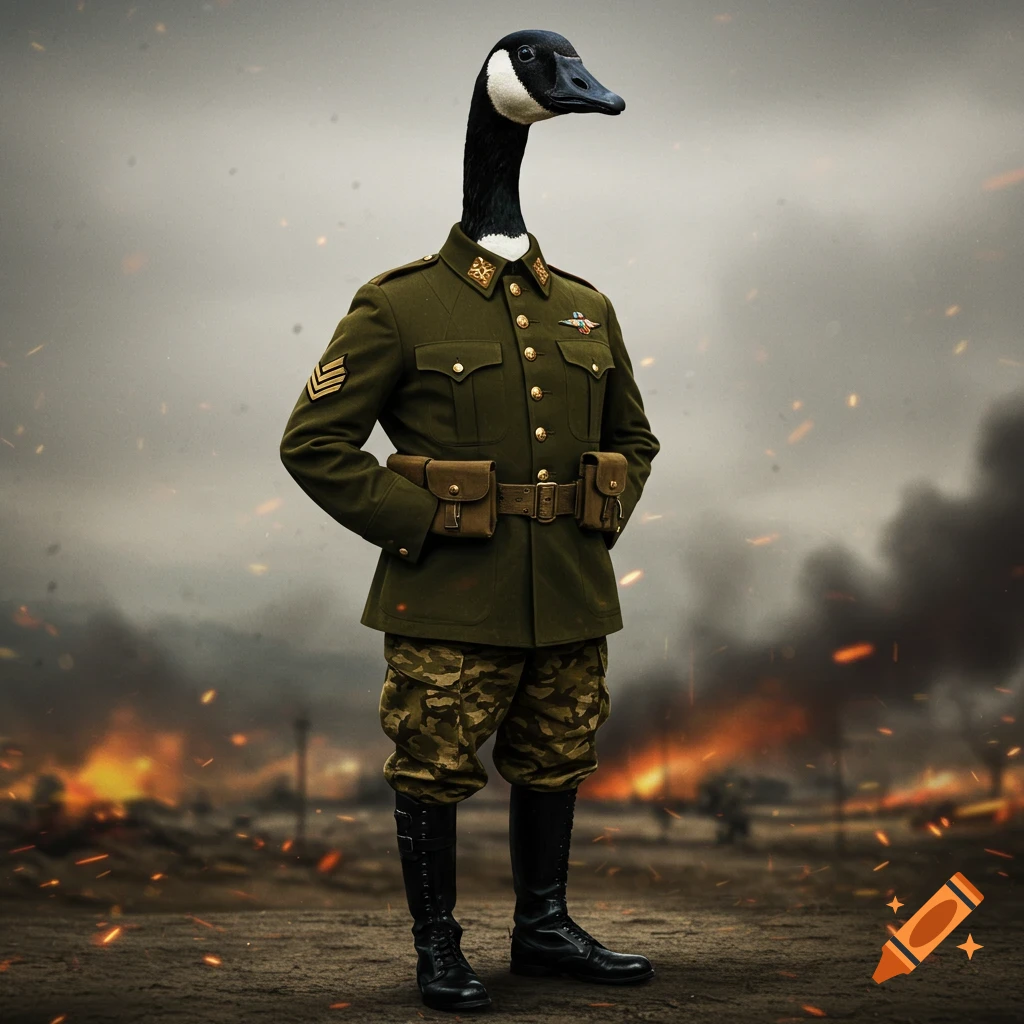 Canada goose in military uniform in a battlefield.