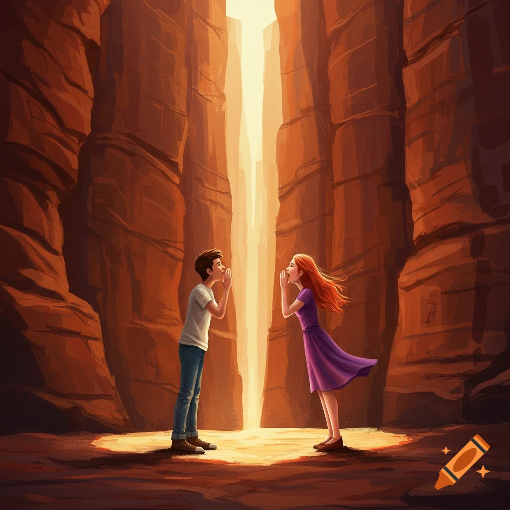 Two people shouting across a deep canyon