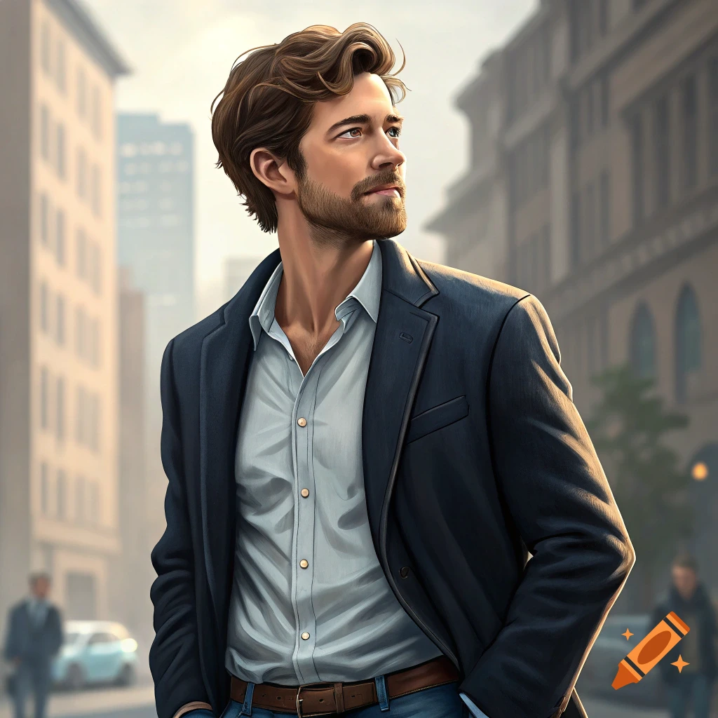A man in a suit stands on a city street looking to the side.