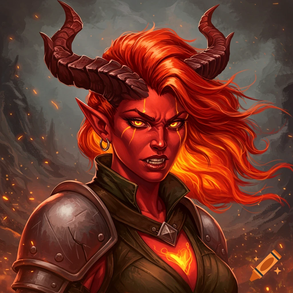 A red-skinned tiefling woman with large horns, fiery hair, and yellow eyes, wearing armor, against a fiery background.