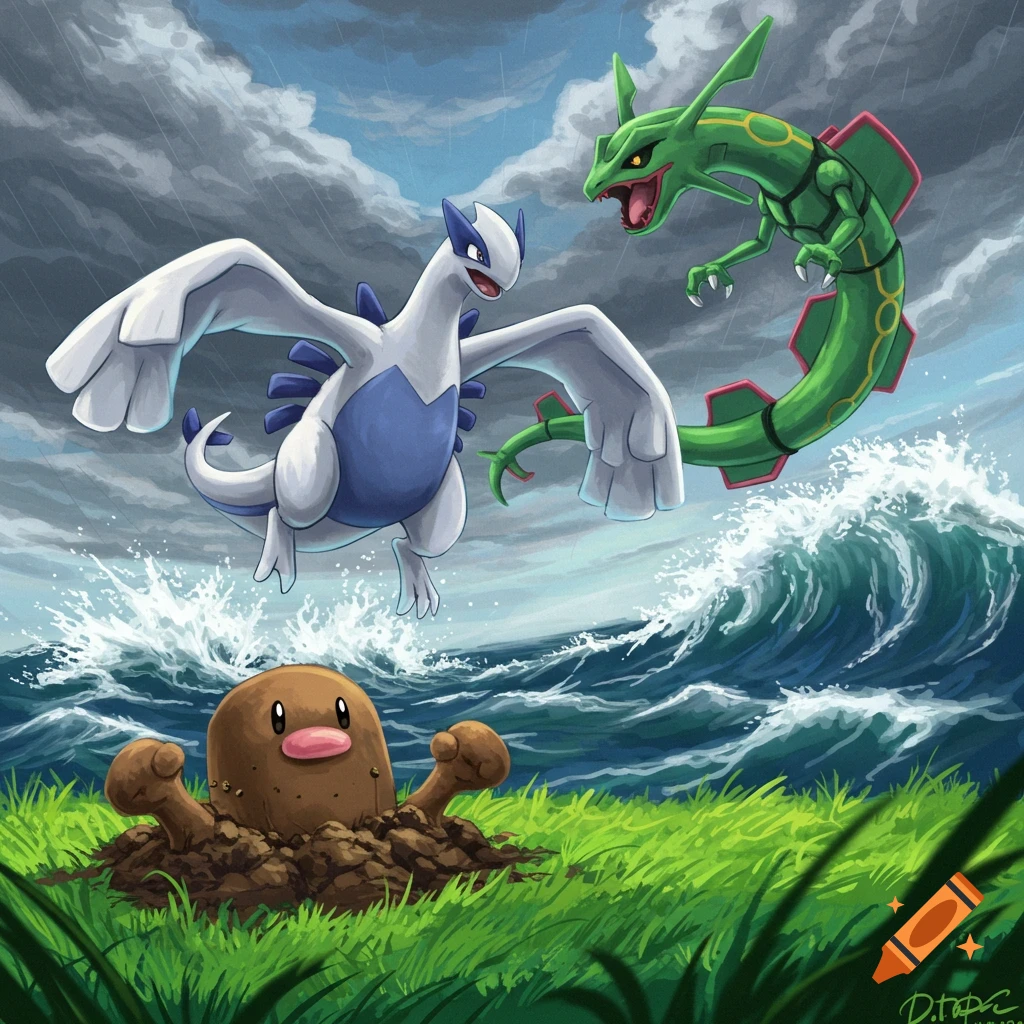 Lugia and Rayquaza battle above a stormy sea while Diglett watches from the ground.