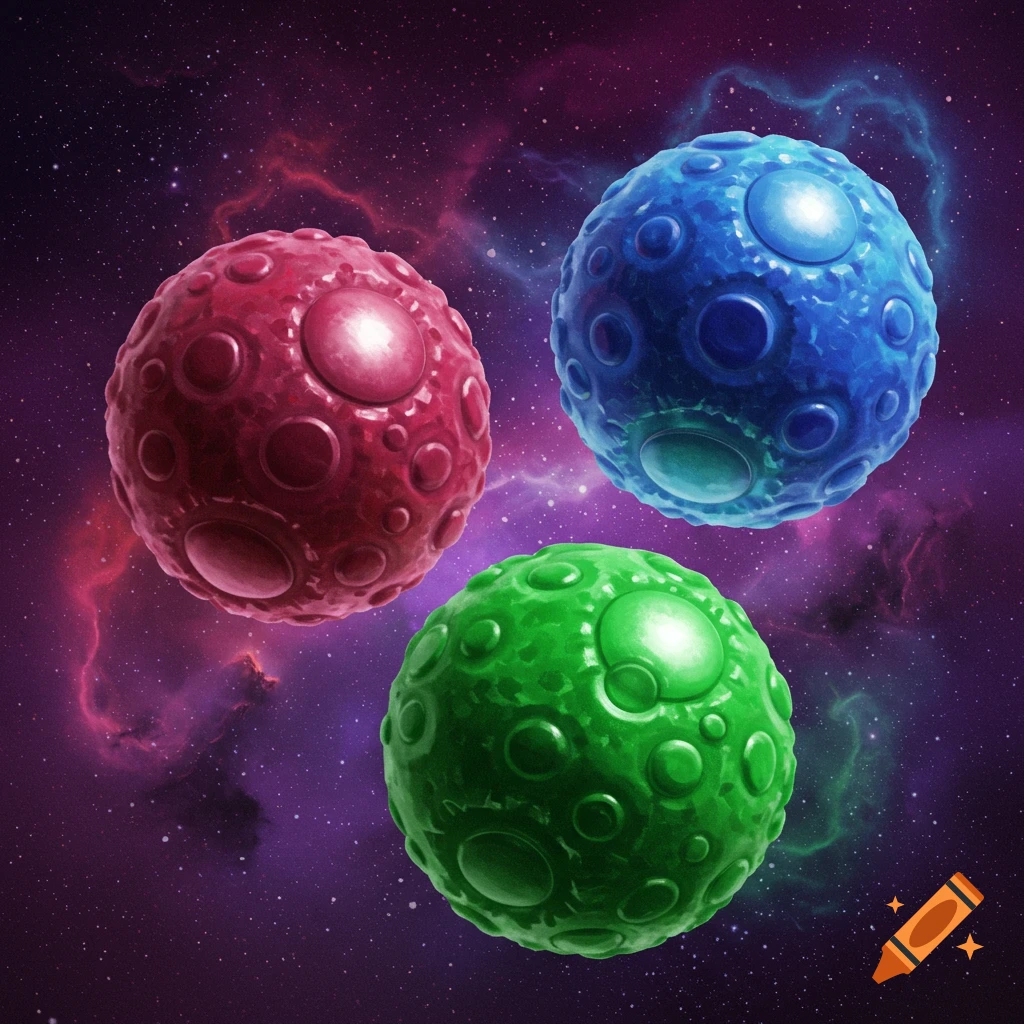 Three textured spheres in red, blue, and green float in space against a nebula background.