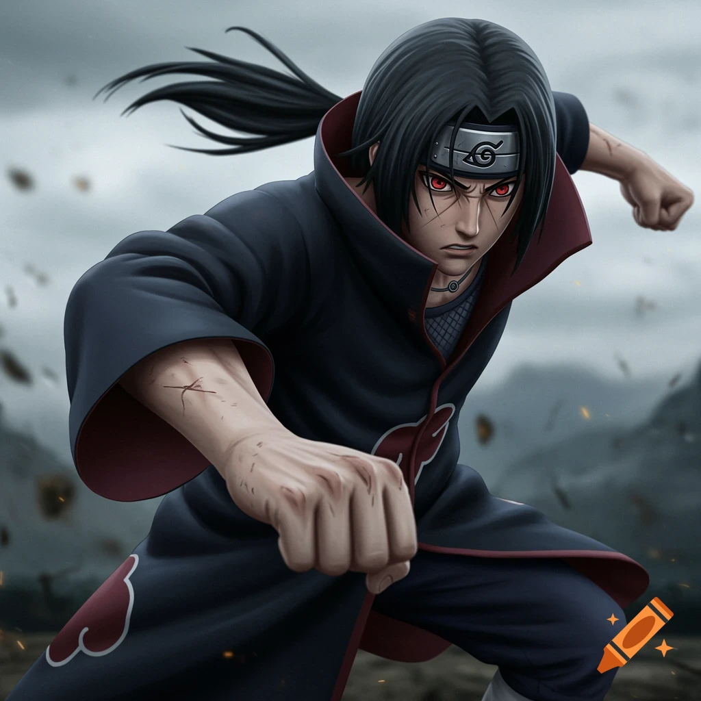 Itachi Uchiha in an Akatsuki cloak in an action pose with his Sharingan active against a stormy background.
