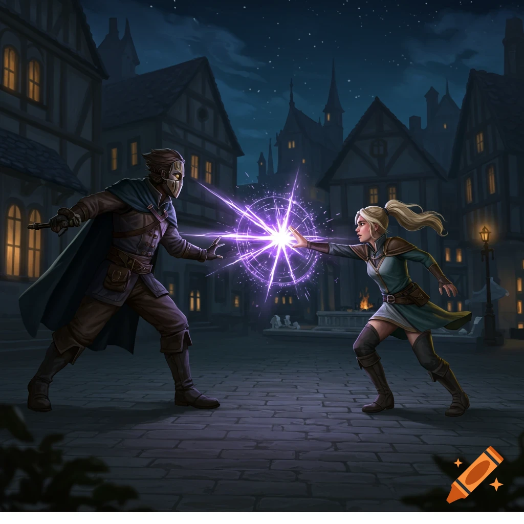 Two magic users battle in a town square at night, casting purple energy.