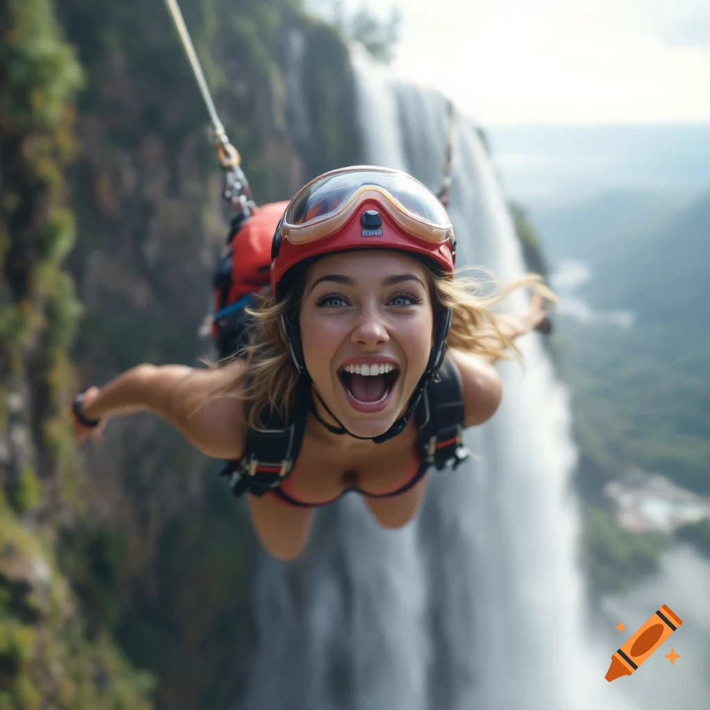 A woman wearing a helmet and harness hangs suspended in front of a waterfall, smiling excitedly.