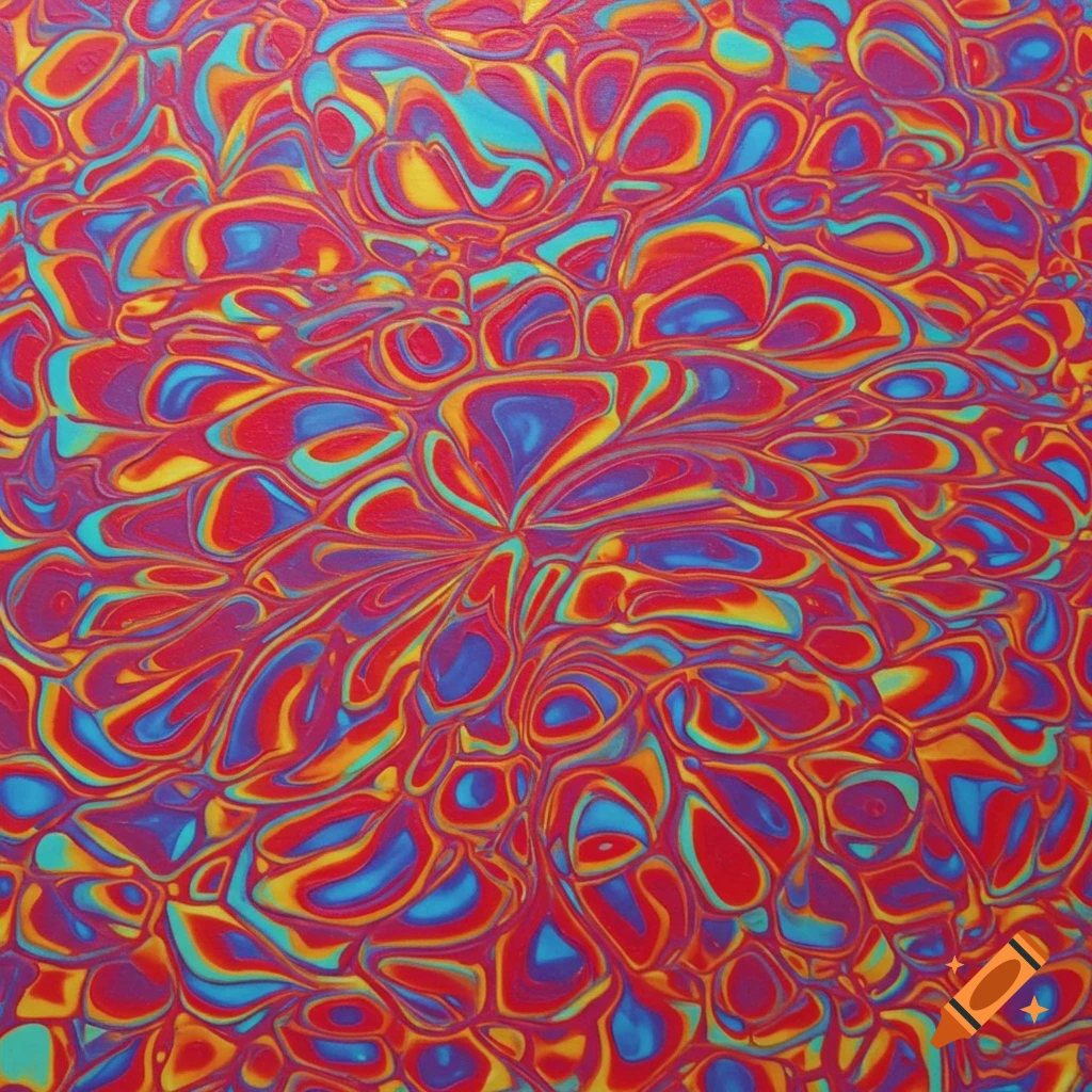 Abstract pattern of swirling red, blue, yellow, and purple colors.