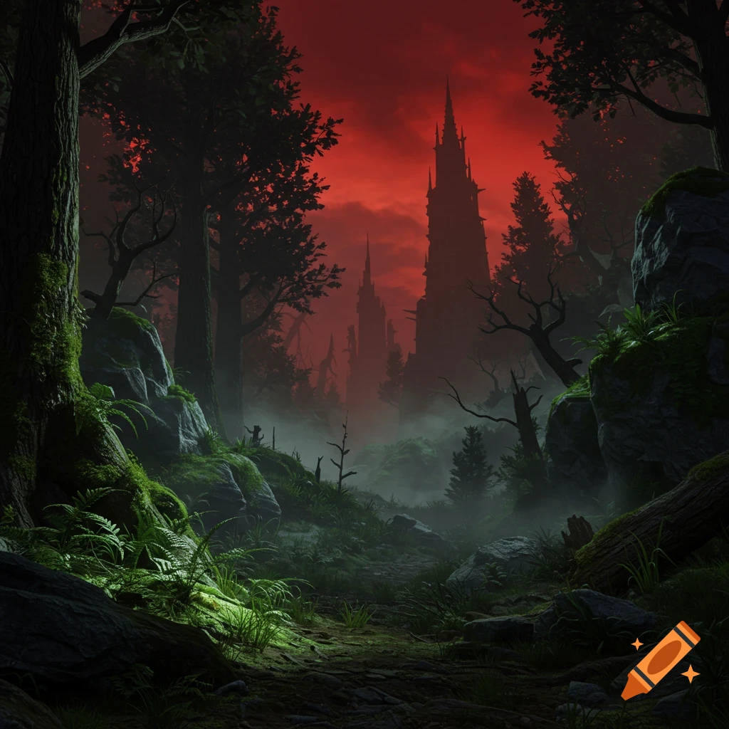 A dark, eerie forest landscape with tall, spiky towers visible in the distance under a red sky.