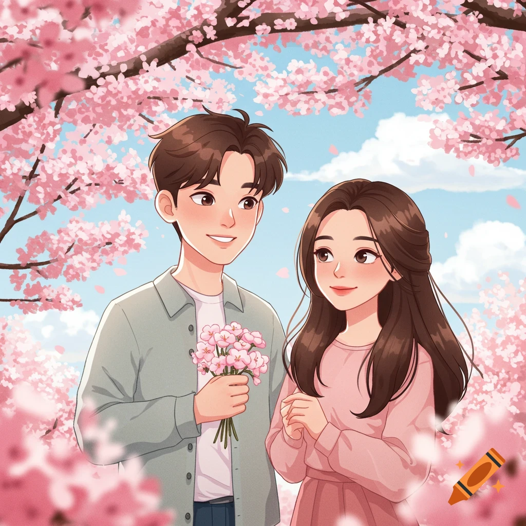 Cartoon illustration of a couple standing under a cherry blossom tree.