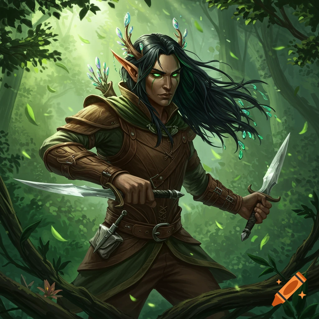 A black-haired wood elf stands in a forest, holding daggers. Their eyes glow green.