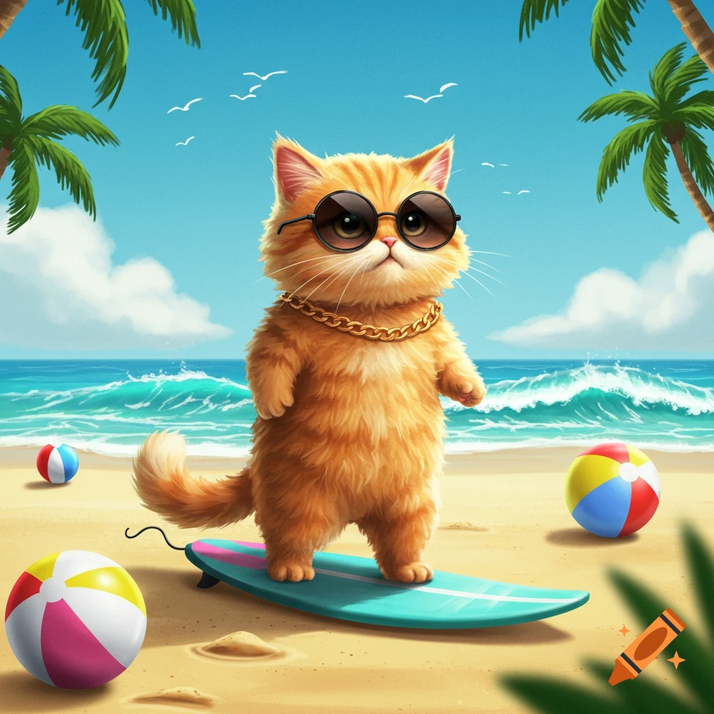 A fluffy orange cat wearing sunglasses and a gold chain surfs on a tropical beach.
