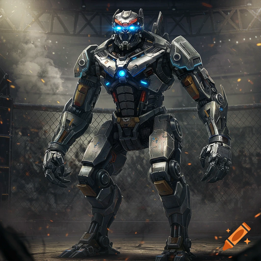 A large robot stands in a cage fighting arena.