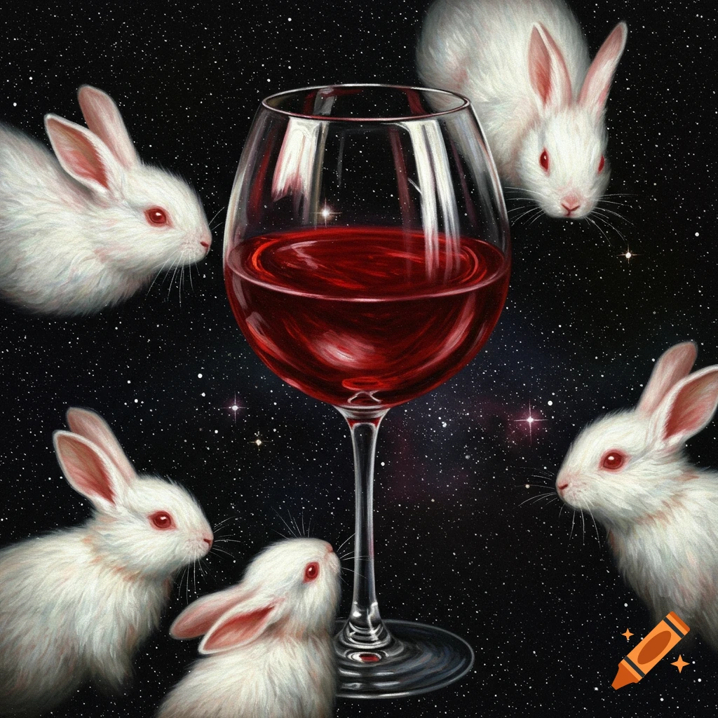 Painting of rabbits surrounding a glass of red wine in space.