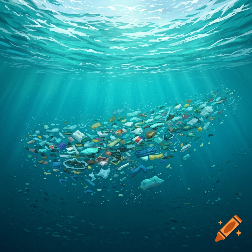 plastic debris floating in the ocean forming a shape