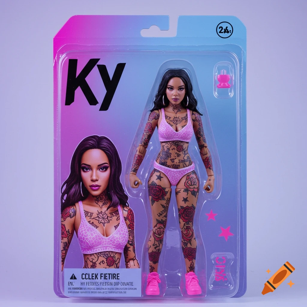 Photorealistic action figure of a woman with tattoos in a pink bikini in collectible packaging