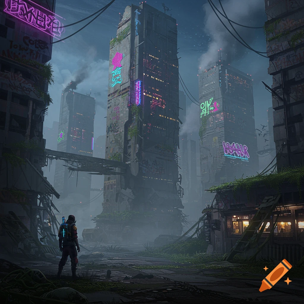 A person stands in a ruined futuristic cityscape with overgrown buildings and neon signs.