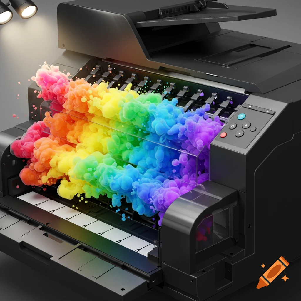 A black printer with colorful rainbow ink sloshing out onto paper.