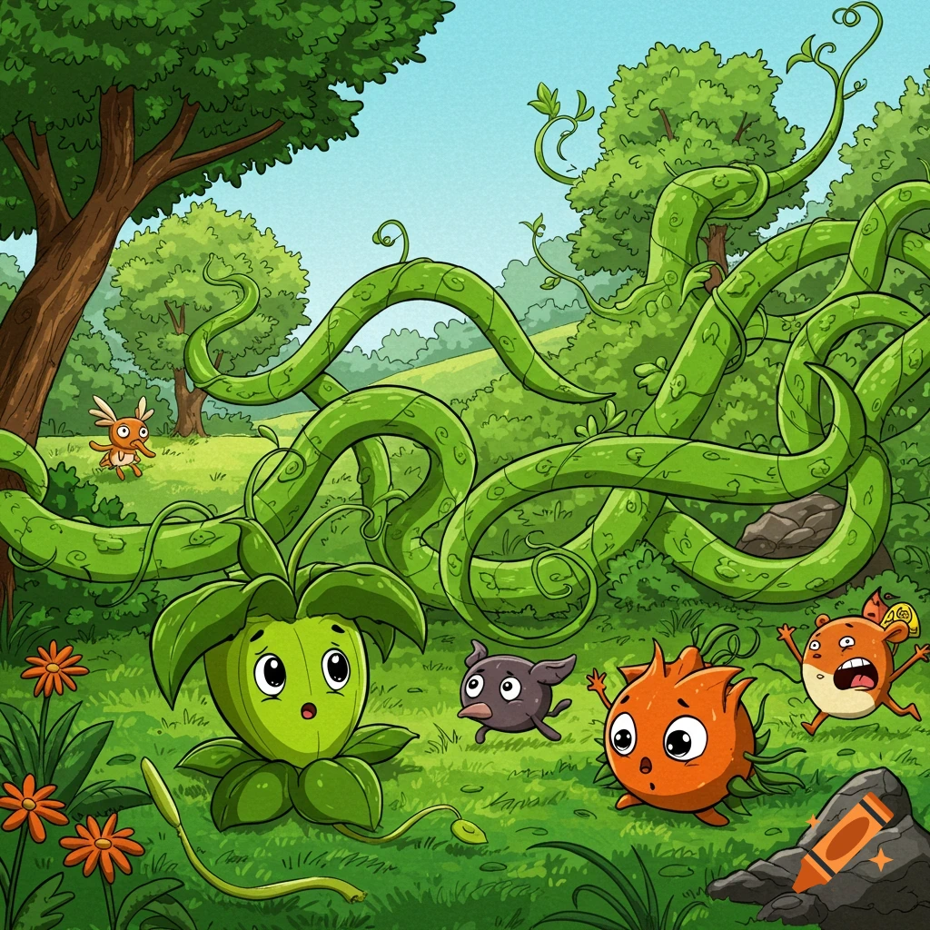 Cartoon illustration of round creatures and giant vines in a forest.