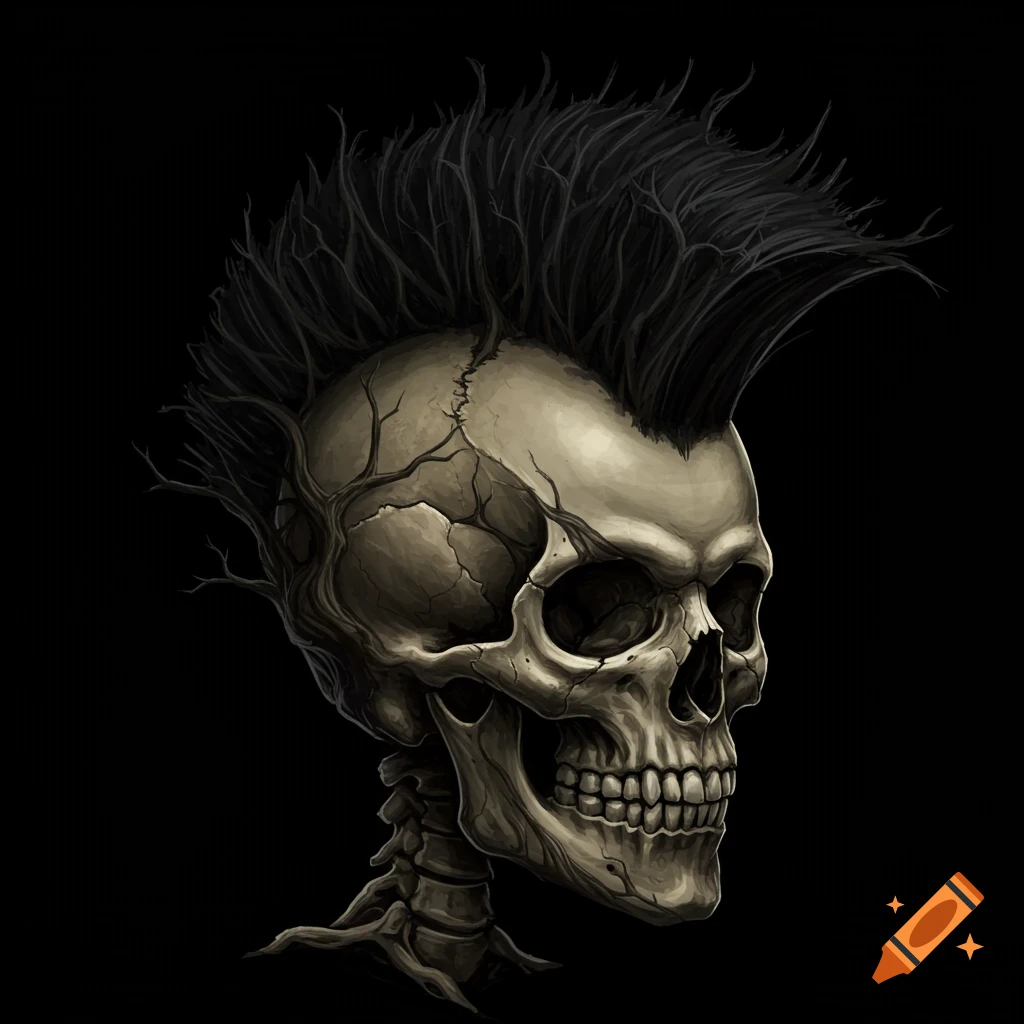 A detailed skull with a mohawk made of dark tree branches against a black background.
