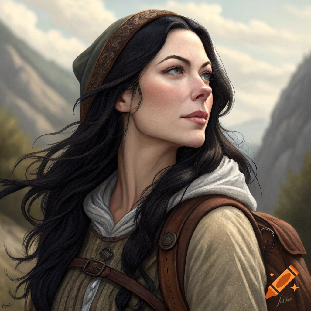 Portrait of a woman traveler with a backpack looking into the distance in a mountain landscape.