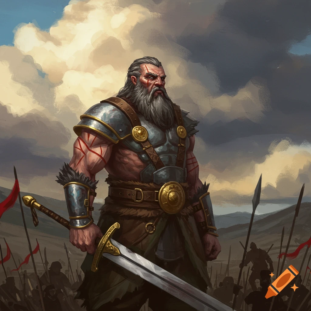 A rugged warrior with a sword standing before an army on a battlefield.