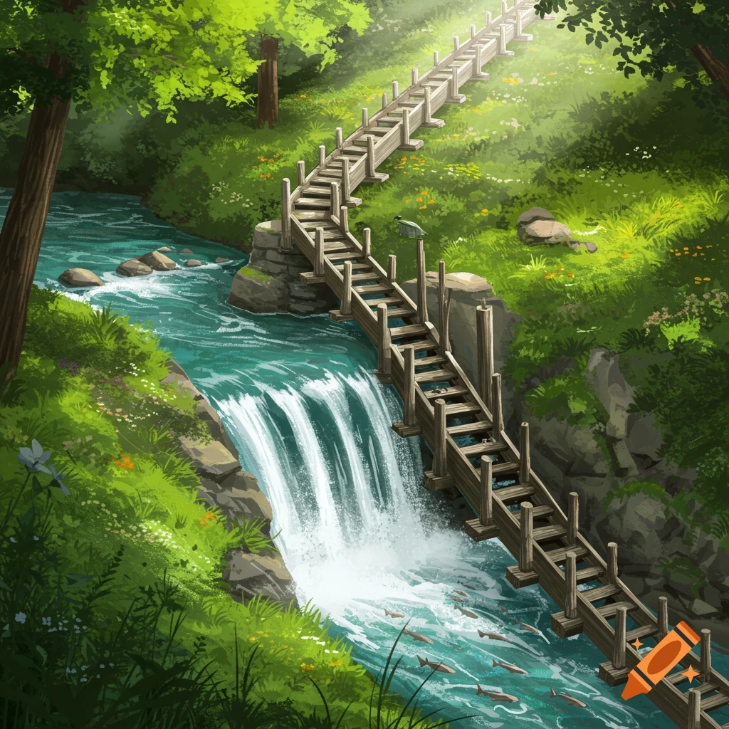 A wooden fish ladder bridge spans a waterfall in a lush forest river.